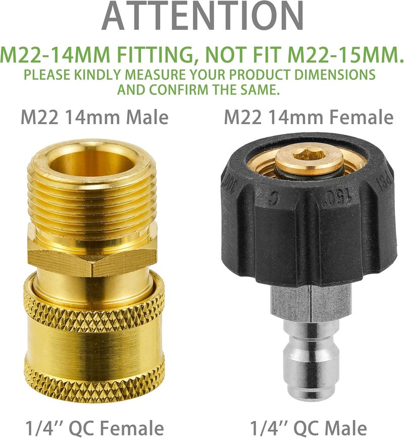 FIXFANS Pressure Washer Adapter Sets, M22 14mm to 1/4'' Quick Connect Fittings kits, Quick Connect Gun to Hose (2 x 2, 2 Pack), No Fit 3/8 Inch, 5000PSI - Image 2